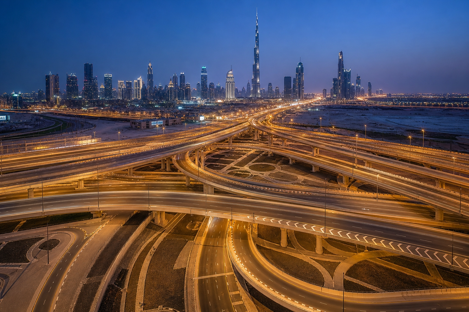 Dubai highway interchange at night